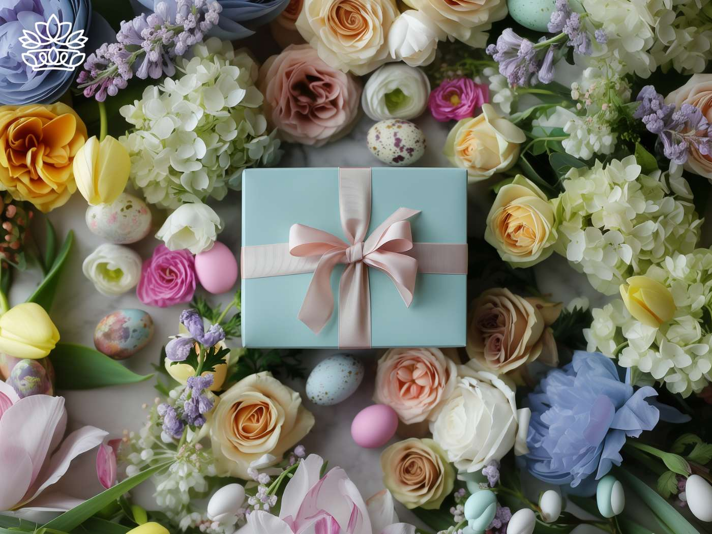 Luxurious Easter gift box amidst a colorful arrangement of spring flowers and Easter eggs, suggesting the elegance of a Pottery Barn style, complete with tea towel and Easter bunny accents, part of the Easter Collection by Fabulous Flowers and Gifts.