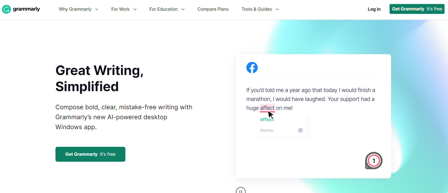 The main page of Grammarly, a writing assistant tool. 