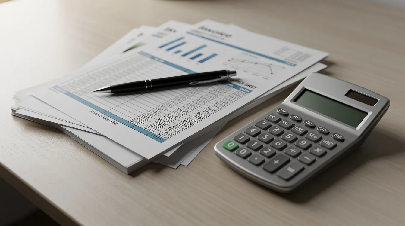 b27c3d83 46bb 4836 9c0d 033ba90643a8 A stack of financial documents including invoices, bank statements, and a loan application form is neatly arranged on an office desk, accompanied by a calculator. This setup reflects the essential paperwork required for small businesses seeking financial assistance through schemes like the Pradhan Mantri Mudra Yojana.