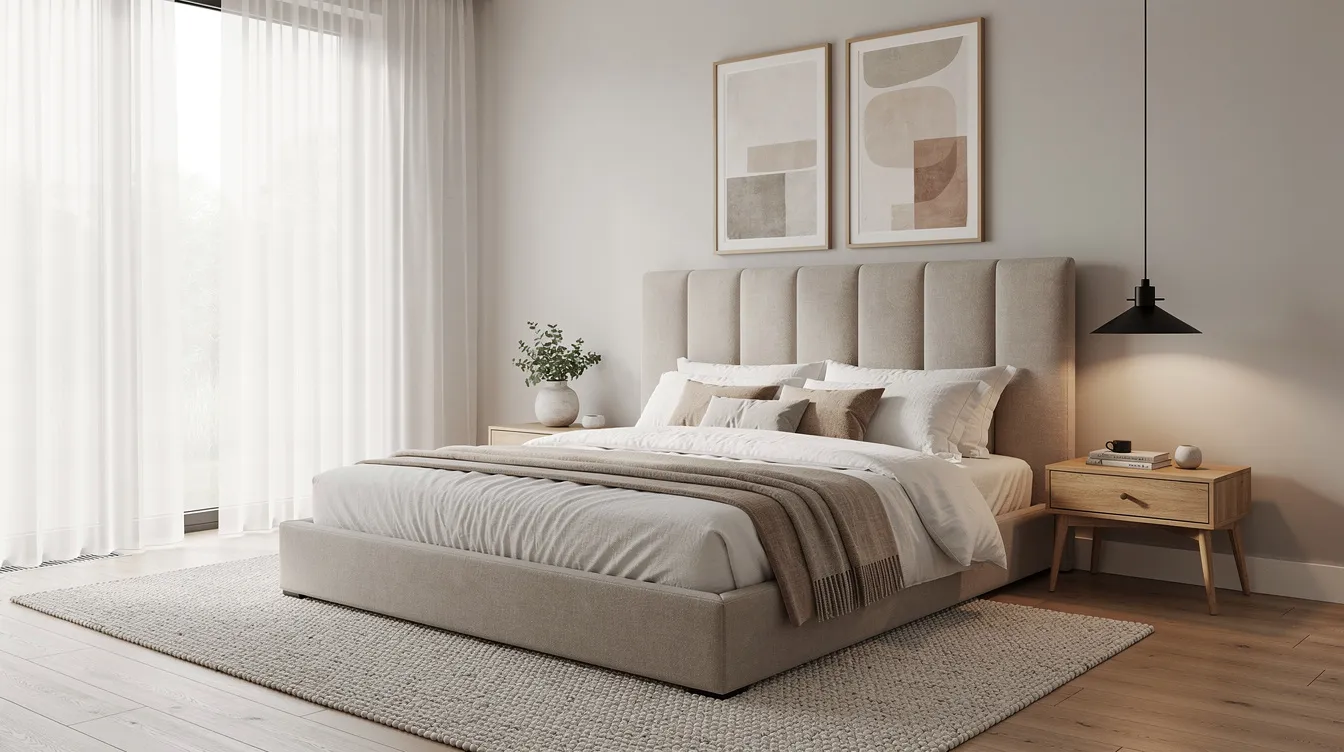 Billedet viser et moderne skandinavisk soveværelse med en stor kontinentalseng, der måler 180 x 200 cm, i neutrale farver. Sengen har en komfortabel madras med memory skum og en trykaflastende topmadras, som giver optimal støtte til kroppens konturer for en bedre nattesøvn.