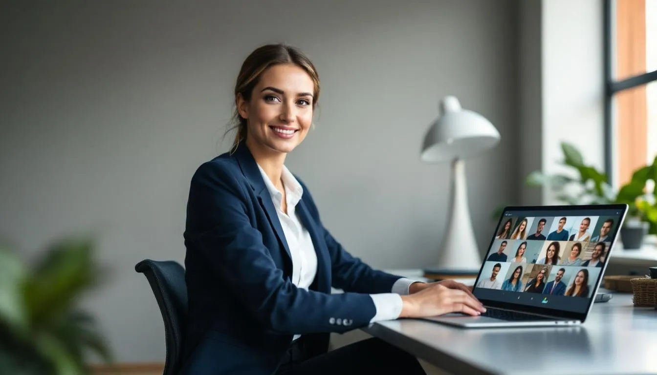 A professional businesswoman is engaged in a video conference call, with multiple clients visible on her laptop screen, demonstrating effective communication skills essential for successful sales conversations. This scenario highlights the importance of sales training programs in enhancing the sales team's performance and building stronger customer relationships.