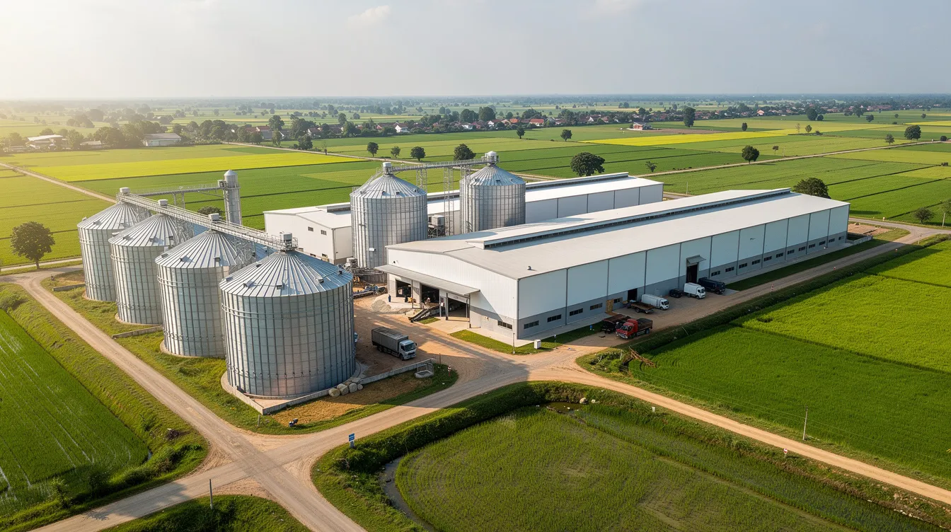 b27ccc89 5d60 4978 9b21 78fae814870b The image depicts a modern rice mill processing facility, featuring large storage silos and industrial buildings, all set against a backdrop of lush green paddy fields. This facility is designed for efficient processing and storage of rice, highlighting the importance of assets created in the rice milling business.