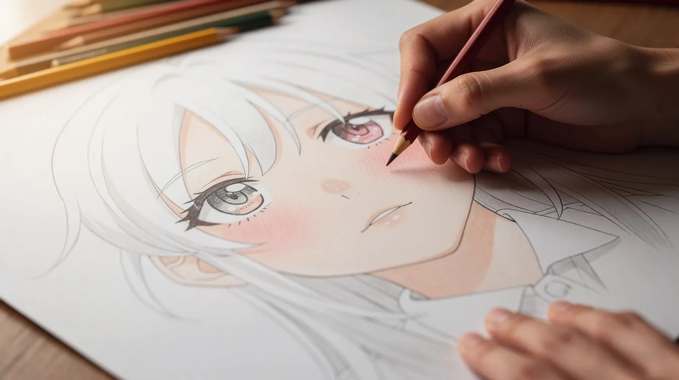 A person is coloring the face of an anime character on smooth drawing paper using soft Holbein artists colored pencils. The image captures the intricate details of anime eyes and facial features, showcasing the vibrant colors and shading techniques involved in creating a realistic anime drawing.