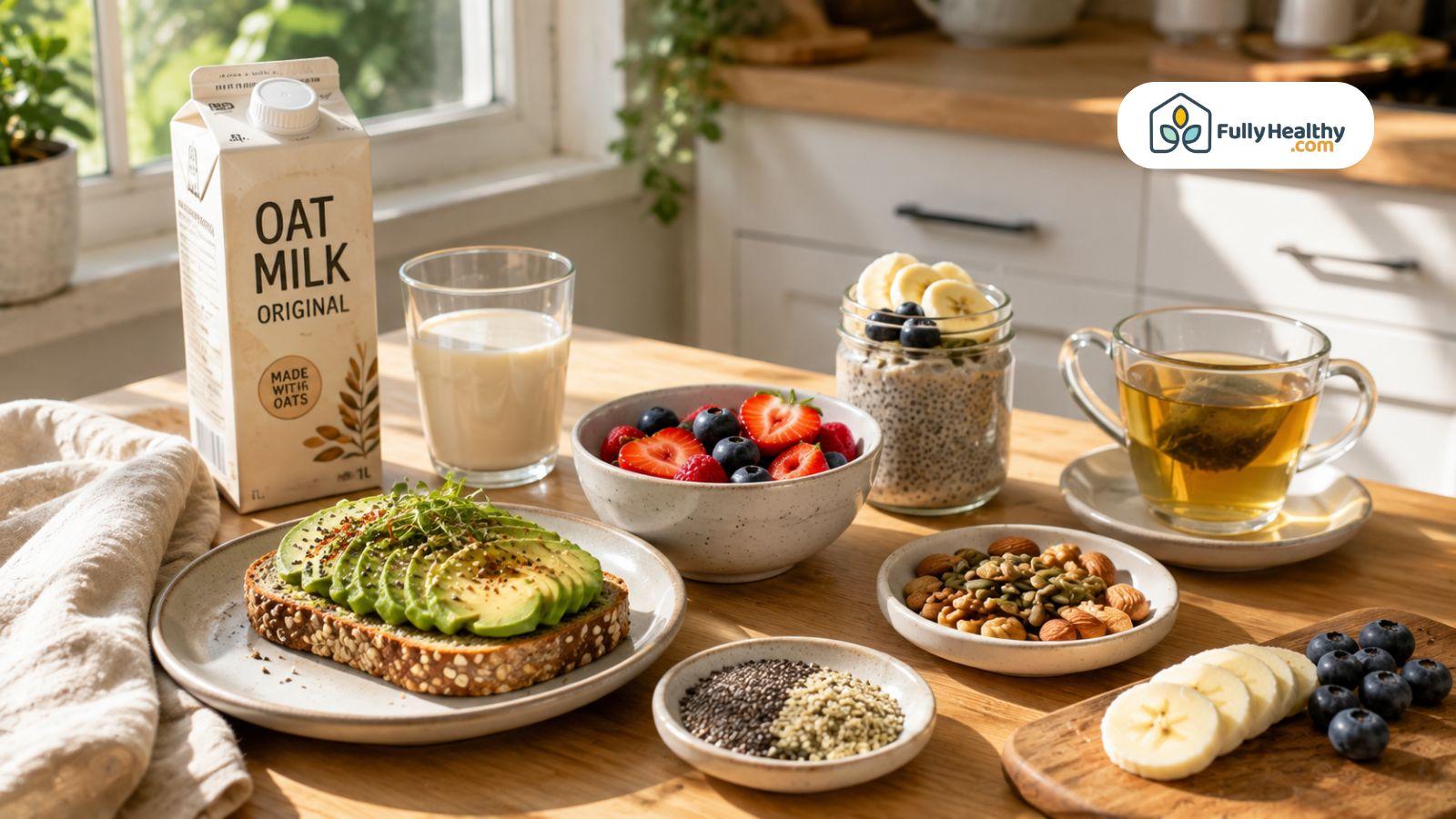 Healthy vegan breakfast with oat milk avocado toast berries seeds and herbal tea