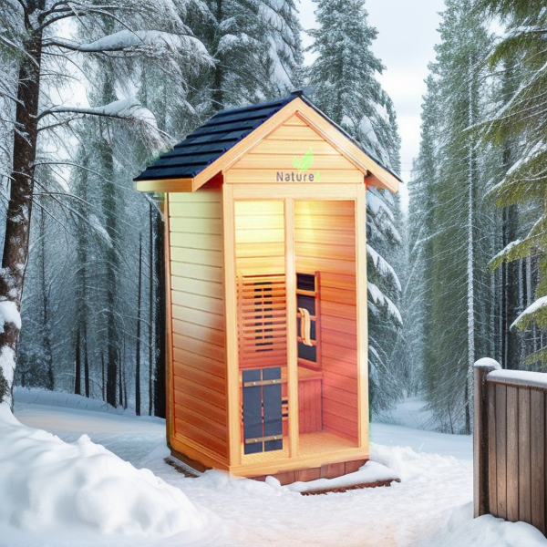 An image of the Medical Breakthrough Nature 4, 1-Person Outdoor Sauna with a snowy background from Airpuria.
