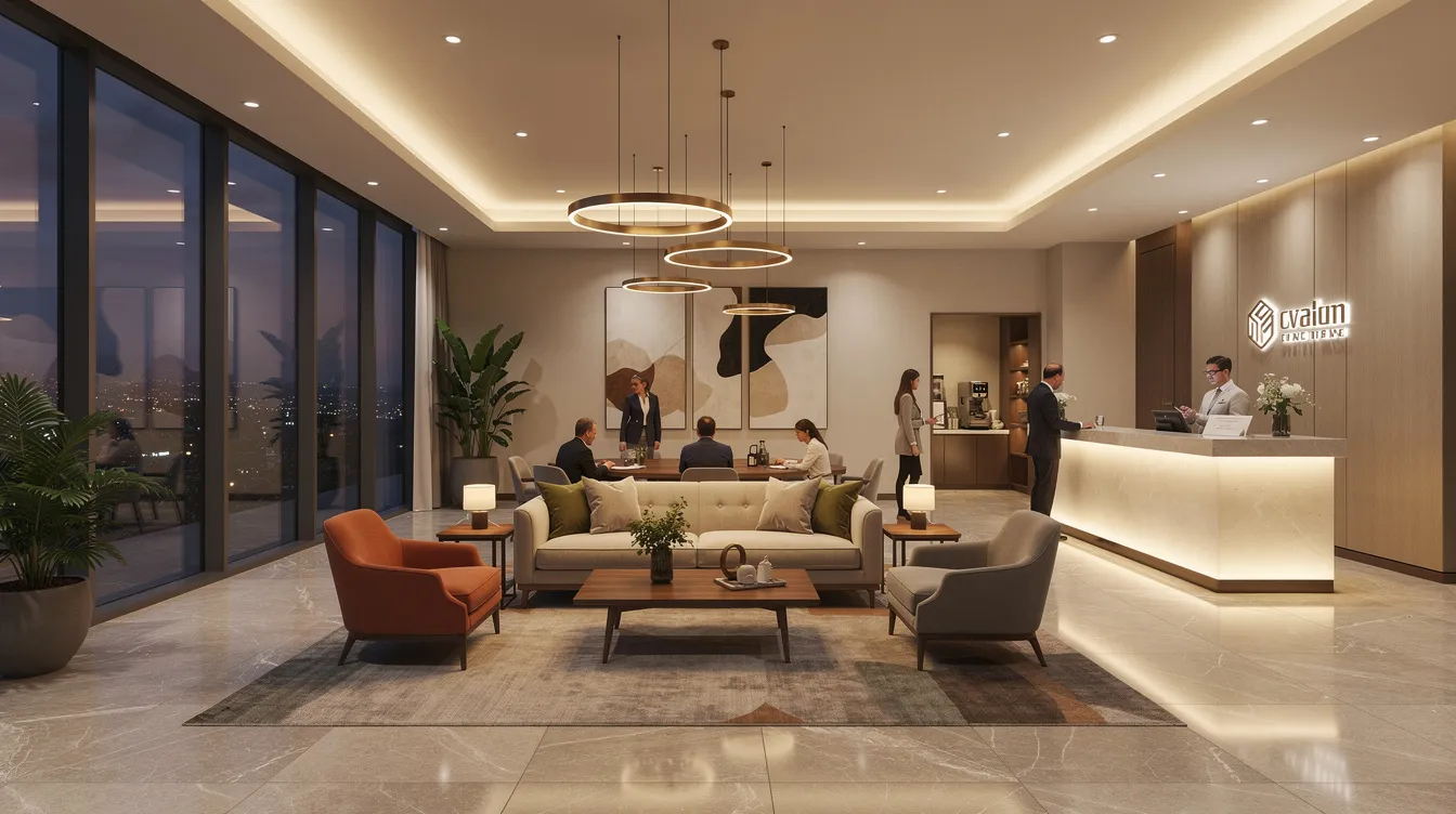 The image depicts a modern mid-scale hotel lobby featuring warm lighting and contemporary furnishings, creating a welcoming atmosphere for guests. This inviting space is ideal for hotel business operations and showcases the potential for successful hotel financing options in the hospitality sector.