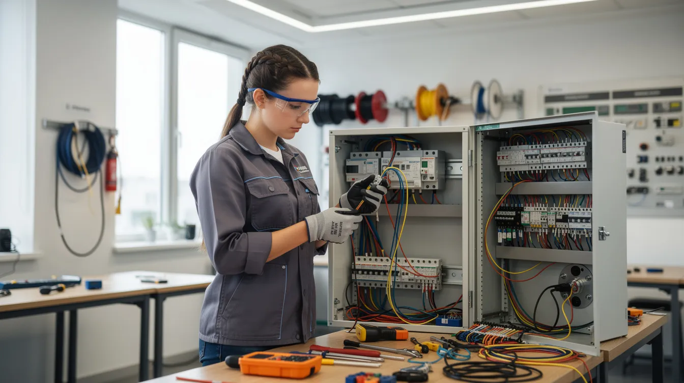 A young woman apprentice is focused on working with electrical wiring in a bright and organized training workshop, showcasing her hands-on training in the construction trades. This environment highlights the opportunities for women in construction and the importance of apprenticeship programs for building successful careers in the skilled trades.