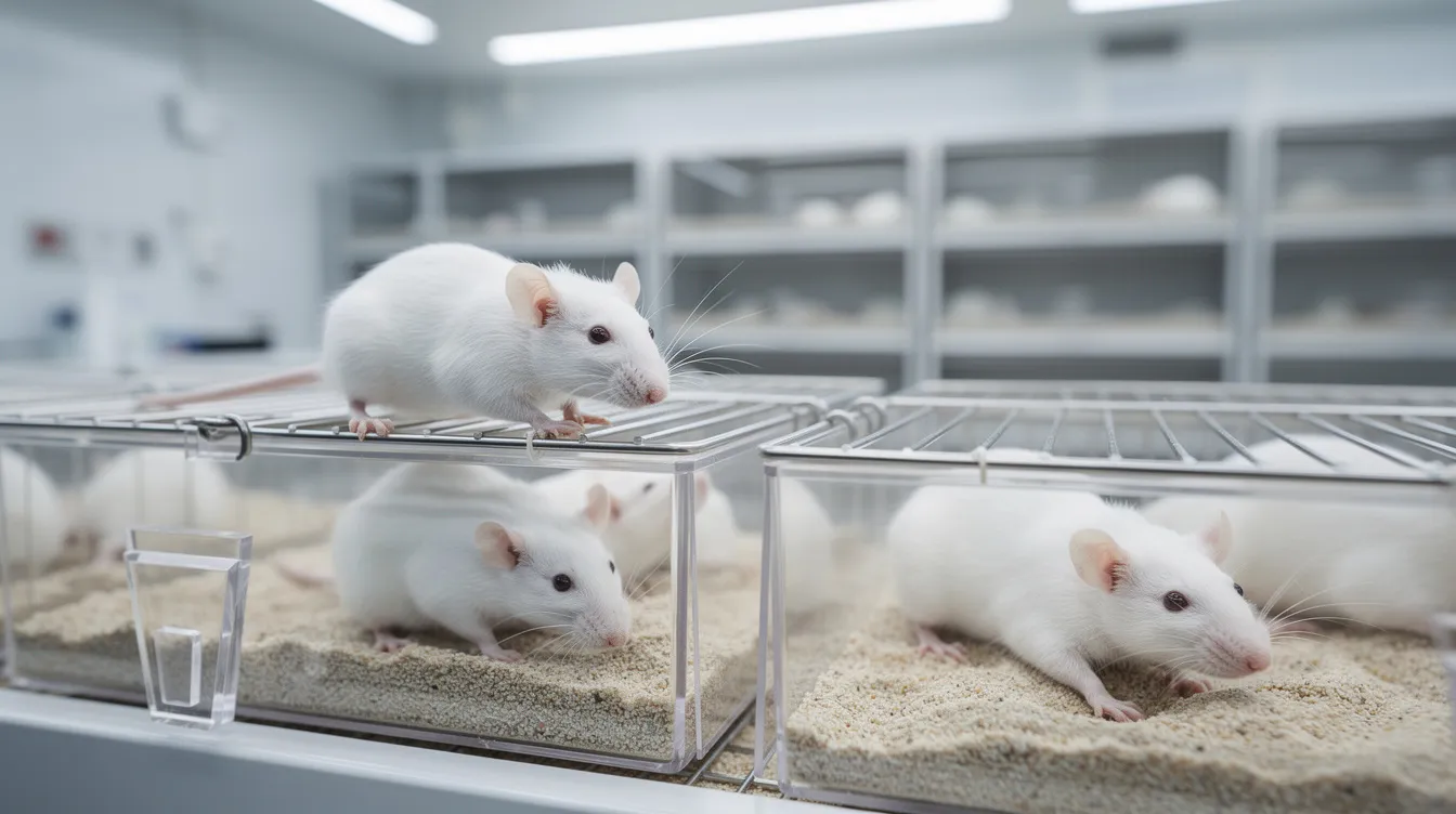 The image depicts laboratory mice in a controlled research environment, showcasing both male and female mice as part of an interventions testing program aimed at extending lifespan and studying aging cells. These mice are crucial for understanding the effects of various treatments on longevity and health in the context of aging research.