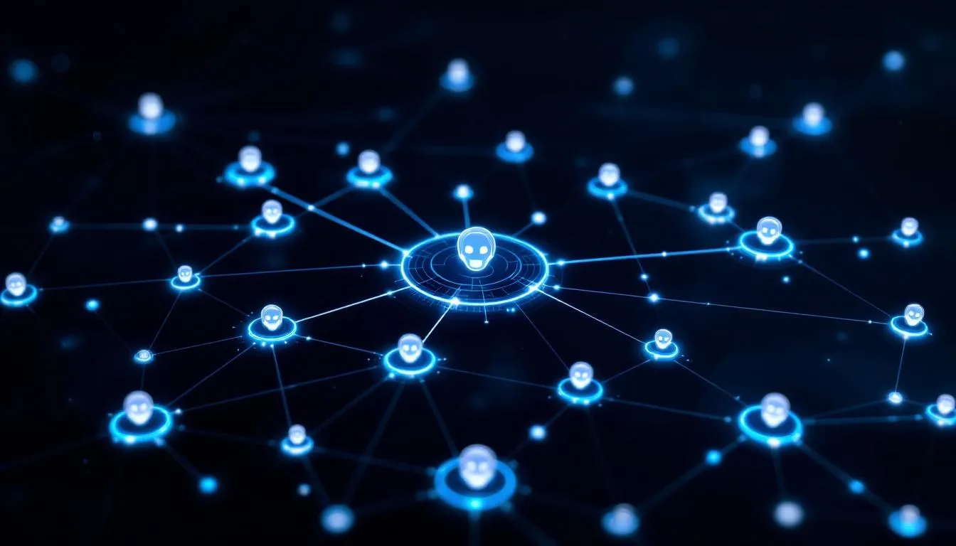 The image depicts a conceptual representation of decentralized AI agents working within a blockchain network, symbolizing the transformative potential of integrating AI models with decentralized systems. This visual illustrates the collaboration between intelligent systems and users, emphasizing the democratization of access and the empowerment of individuals through transparent decision-making and enhanced control over data privacy.