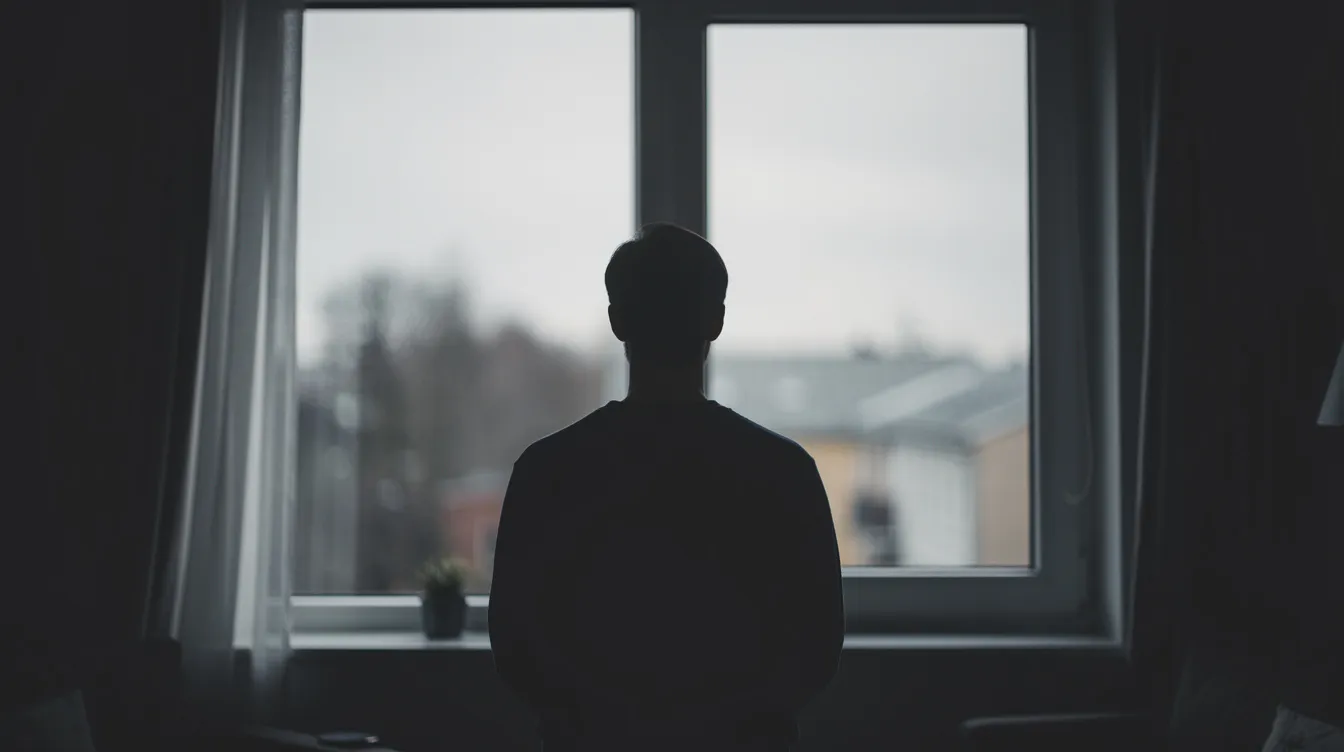 Psykisk vold i nære relasjoner – tegn, konsekvenser og veien til hjelp 1 Bildet viser silhuetten av en person som står ved et vindu, og ser ut i det dempede lyset. Denne scenen kan symbolisere følelsen av isolasjon og sårbarhet, noe som ofte oppleves av de som er utsatt for psykisk vold i nære relasjoner.