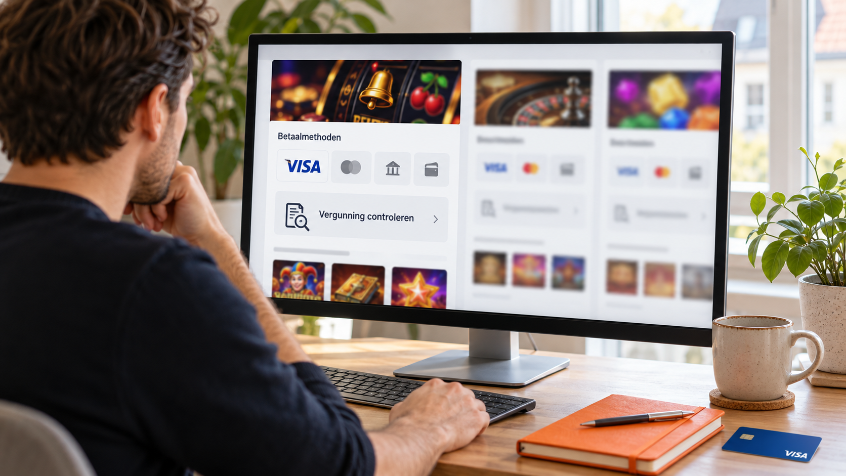 Speler bekijkt betaalmethoden en vergunninginformatie van online casino’s op een computerscherm.