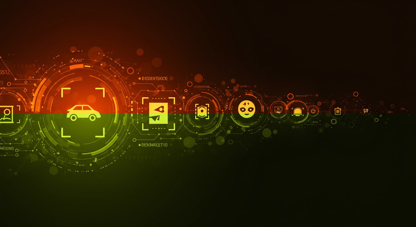Futuristic digital interface depicting image recognition technology with AI-driven object detection, including cars, faces, and various icons in a glowing orange theme.