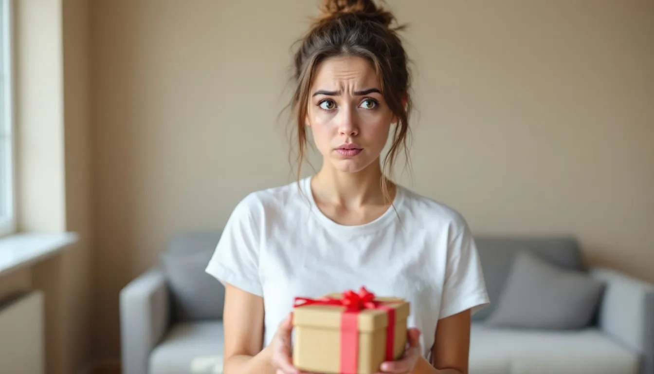 En person står med en tveksam min och tittar på en olämplig present som ligger på ett bord. Det verkar som om de undrar om detta verkligen är den perfekta gåvan för tillfället.