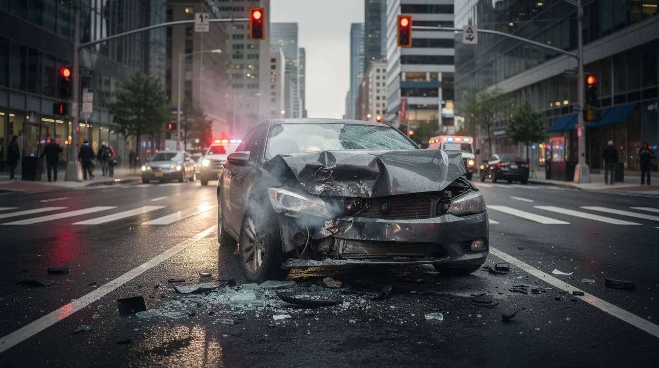 The image depicts a damaged vehicle at a busy urban intersection following a collision, highlighting the aftermath of a car accident that could lead to personal injury claims. This scene may involve various factors affecting the settlement value, such as medical expenses, lost wages, and the potential for severe injuries requiring extensive medical treatment.