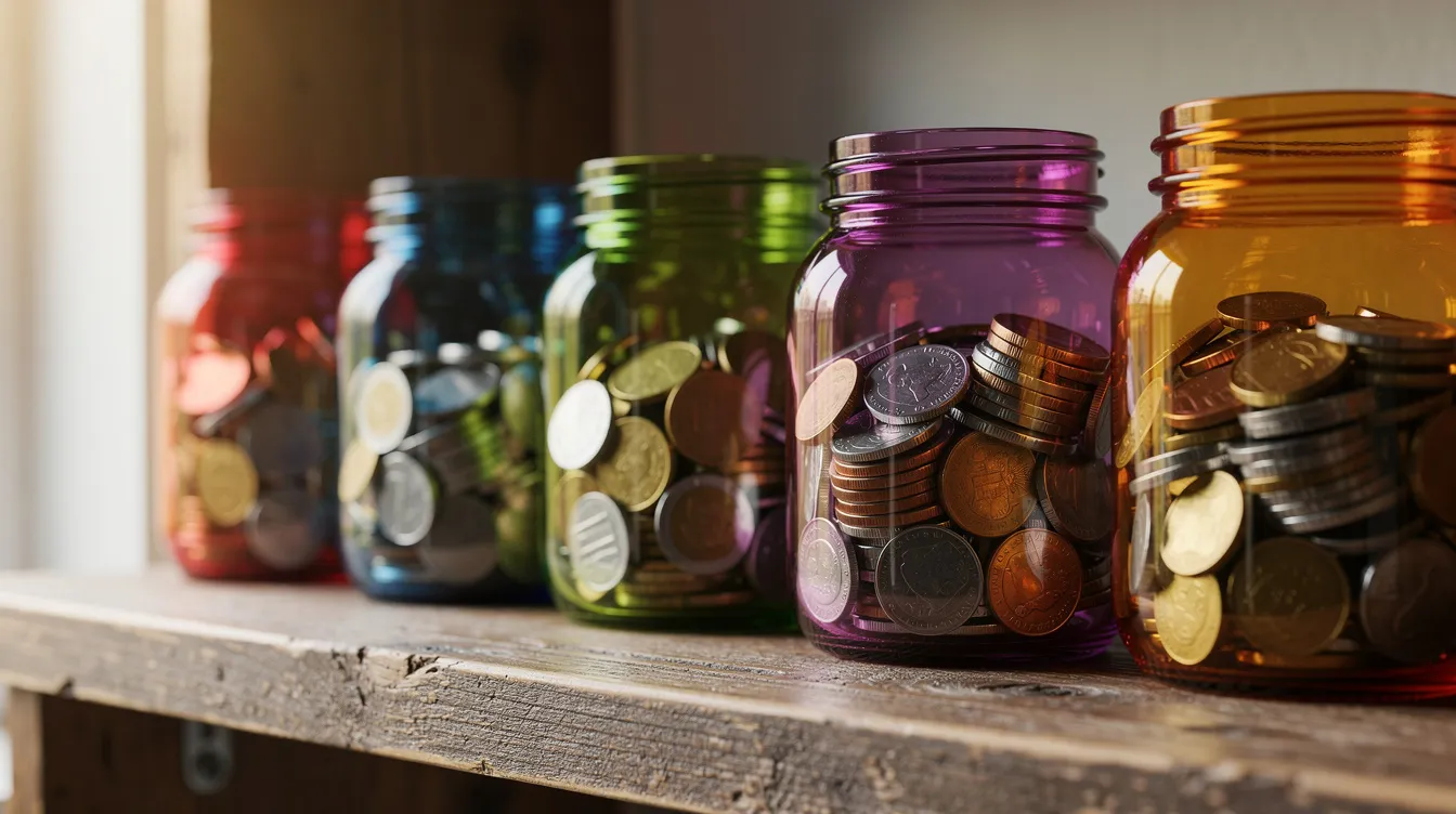 The image features colorful glass jars filled with coins, each jar showcasing a different hue, neatly arranged on a wooden shelf. This visual representation can symbolize effective money management and personal finance tools, highlighting the importance of saving and budgeting for financial goals.