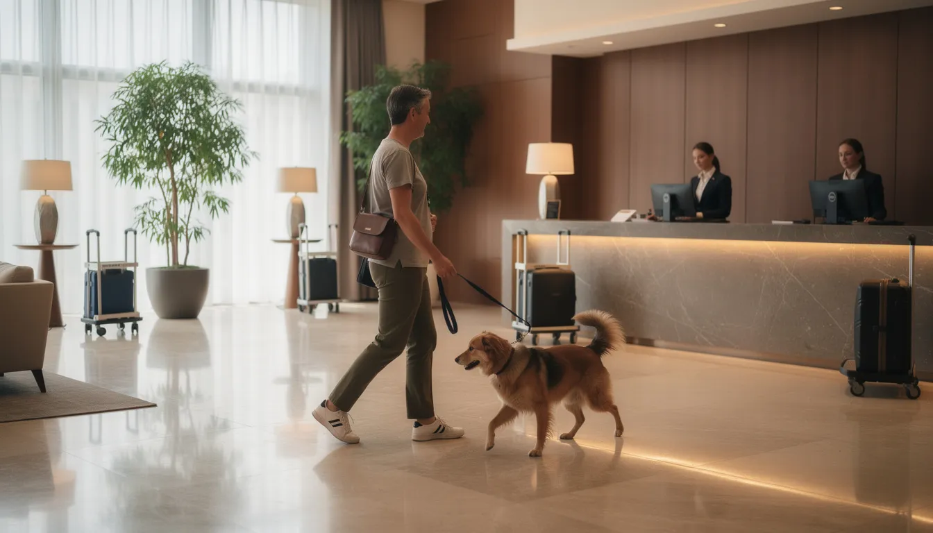 A person is walking their dog on a leash through a hotel lobby, with the front desk visible in the background. This scene showcases a pet-friendly hotel environment, where furry friends are welcomed alongside their owners.