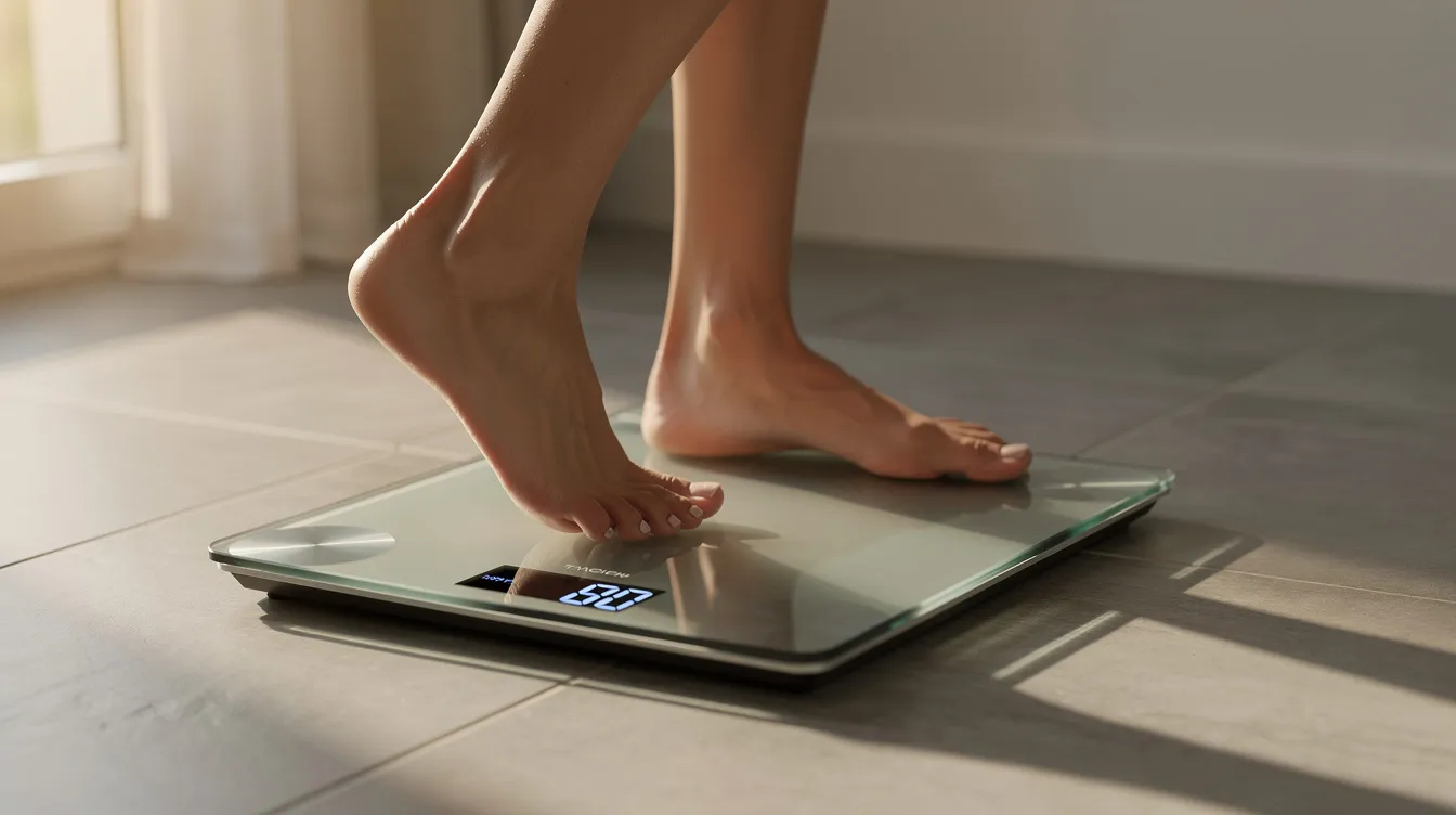 A person is stepping onto a sleek digital weighing scale on a tiled floor, illuminated by soft morning light, while the scale's LED display prepares to provide accurate measurements of body weight and body composition. This high precision smart weighing machine is designed for daily use, helping individuals track their fitness journey and health goals.