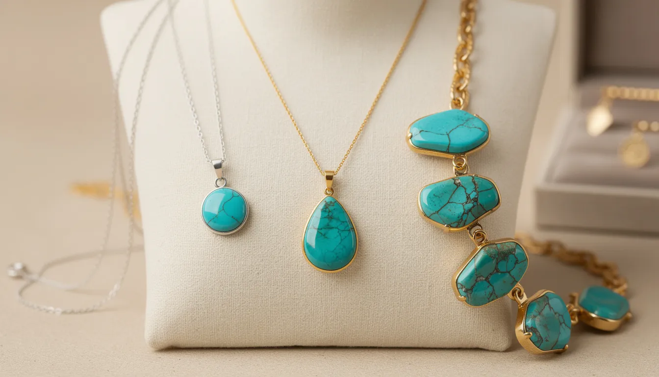 The image showcases a collection of elegant turquoise necklaces, featuring both minimalist pendants on sterling silver chains and bold statement pieces adorned with multiple turquoise stones. These vibrant accessories not only add a pop of color to any outfit but also hold significant meaning, making them a perfect gift for those born in December.