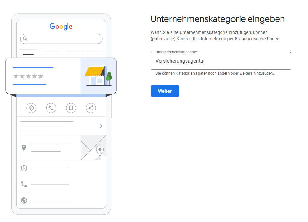 Snippet zur Auswahl der Unternehmenskategorie.
