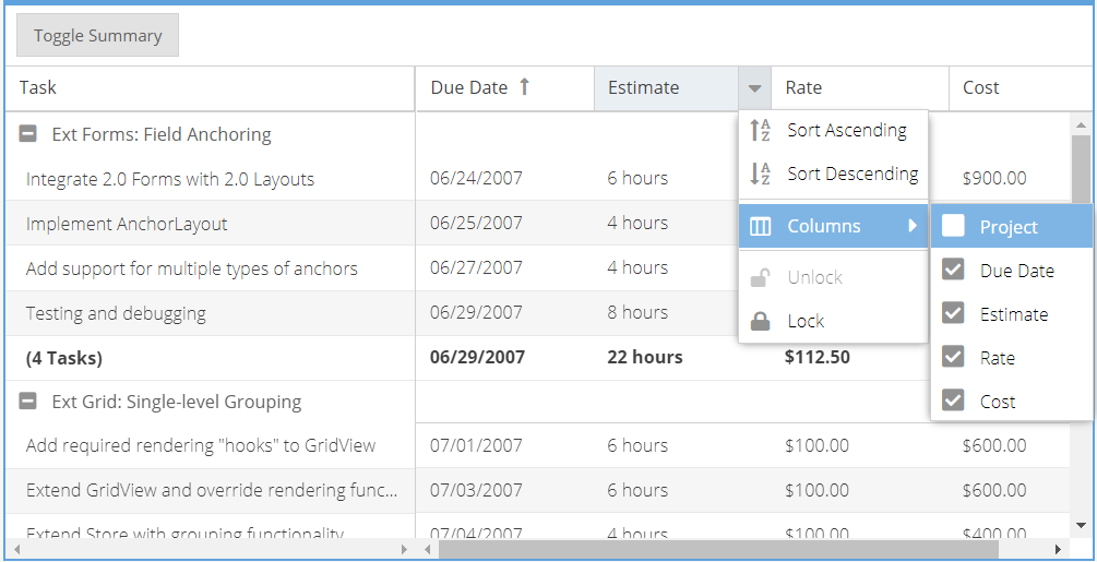 features of ext js grid 