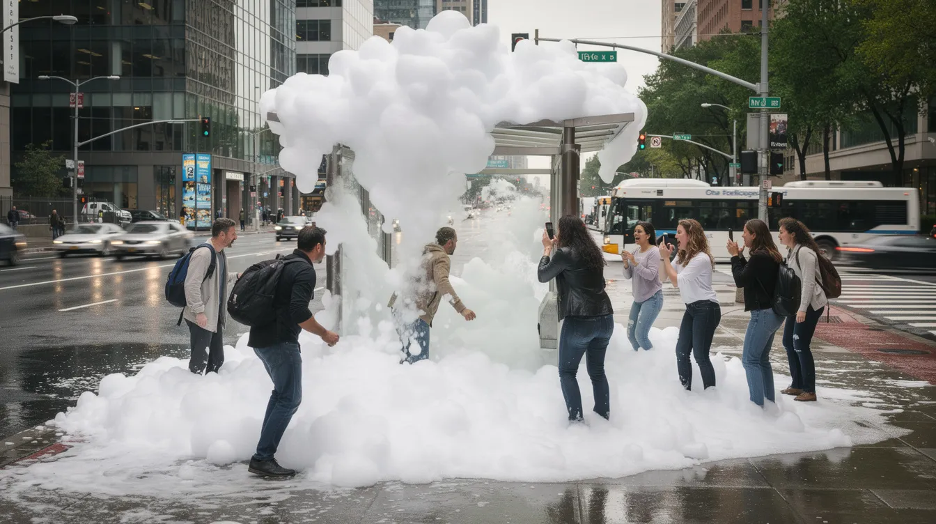 A city bus stop enveloped in a layer of white foam bubbles with surprised pedestrians standing nearby