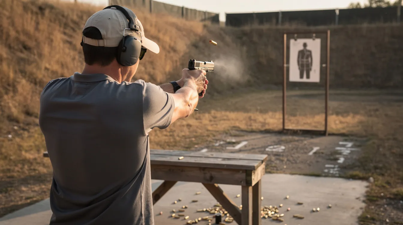 An individual is seen at an outdoor shooting range, focusing on practicing with a handgun. The scene highlights the importance of safety and skill in handling firearms, which is crucial in understanding South Carolina's gun laws and regulations.