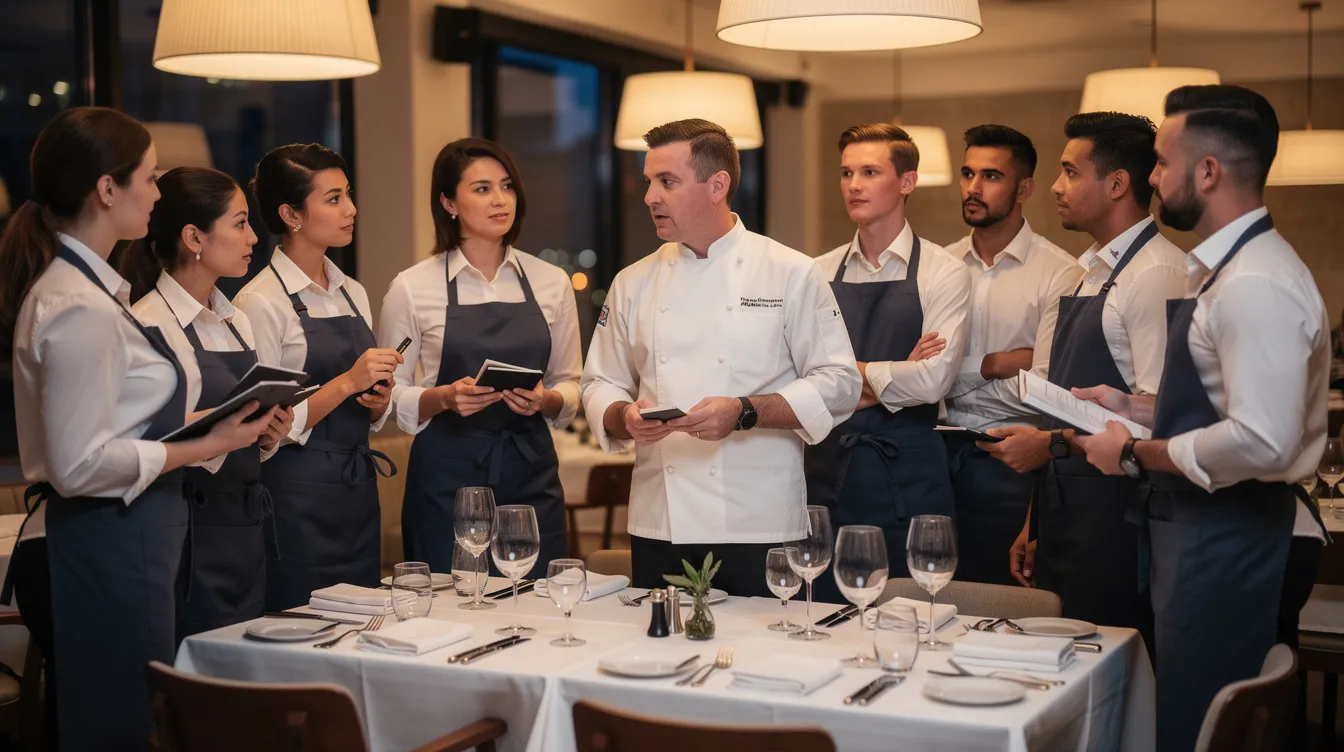 A diverse restaurant team is gathered around a table in a dining room, engaged in a brief meeting before service begins. This collaborative atmosphere highlights their commitment to enhancing the restaurant's reputation through exceptional service and effective management of online reviews.
