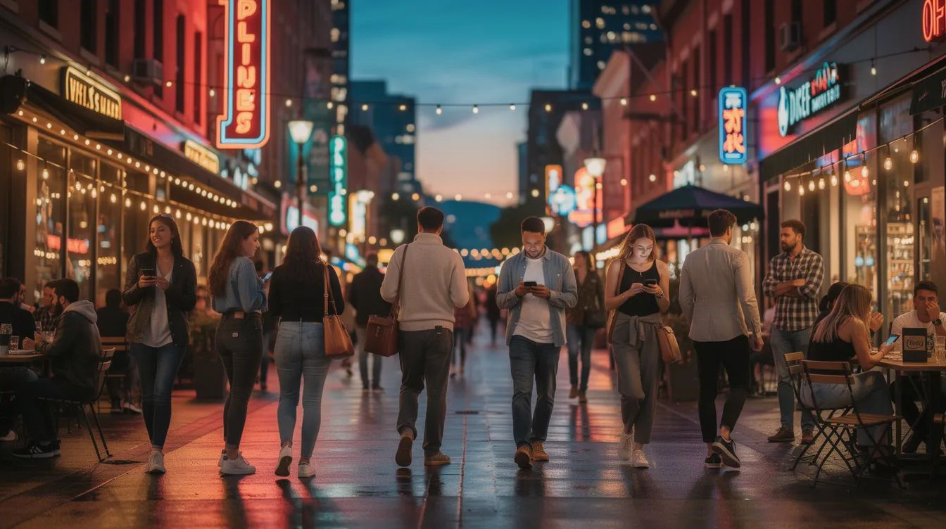 A vibrant city street at dusk, bustling with people walking past fashionable bars and amazing restaurants, showcasing the lively atmosphere of the entertainment district near 75 Portland Street. The scene captures the essence of urban life in Toronto, with a mix of diverse individuals enjoying the evening in this fully reimagined luxury residence area.