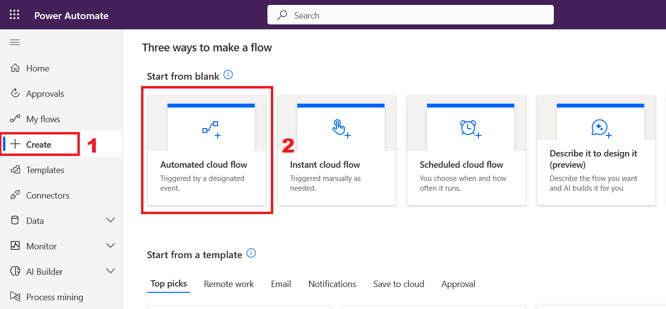 Choose an automated cloud flow with a designated trigger condition