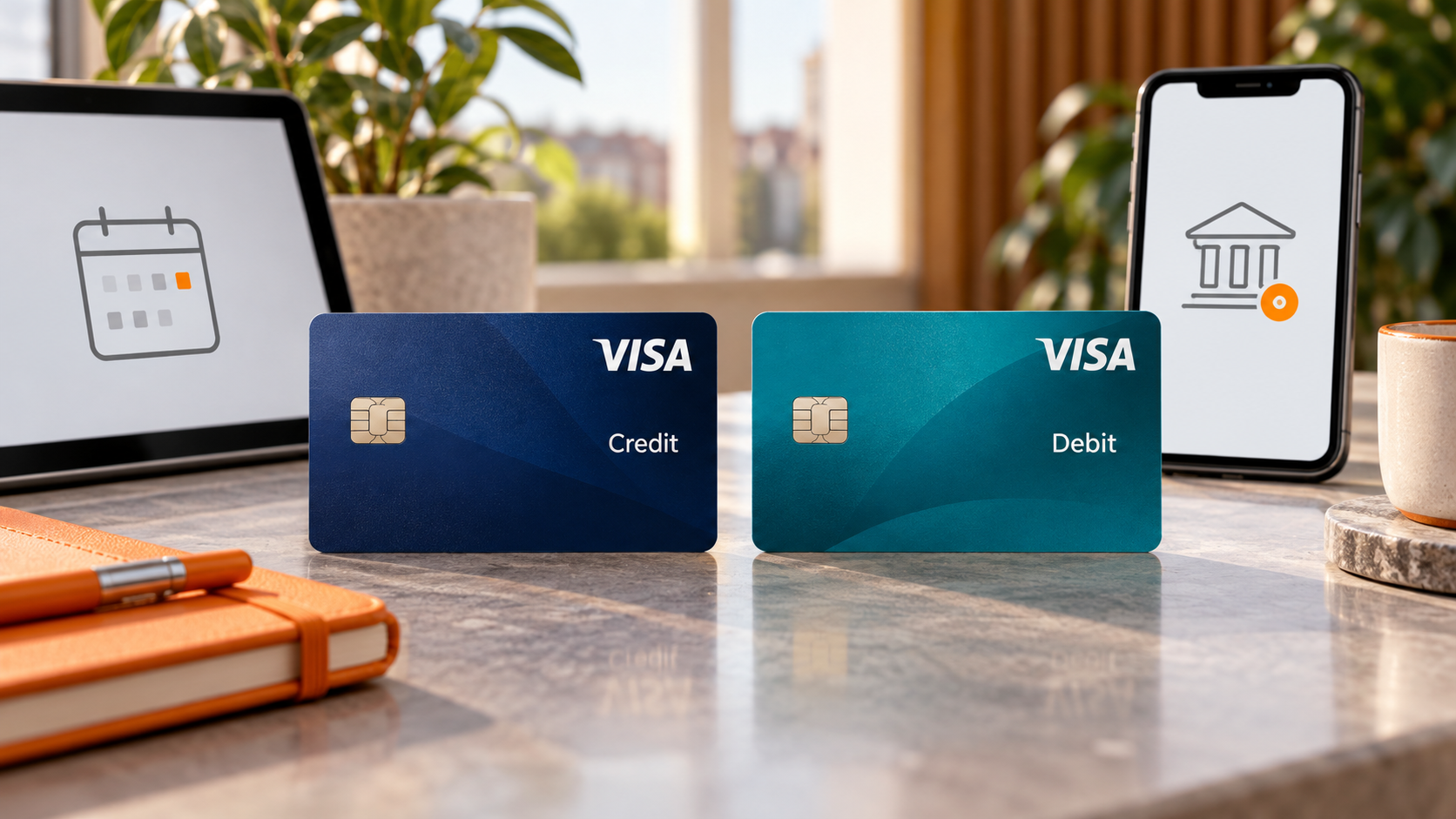 Visa Credit- en Visa Debit-kaarten naast elkaar, met een kalender en bankapp op de achtergrond.