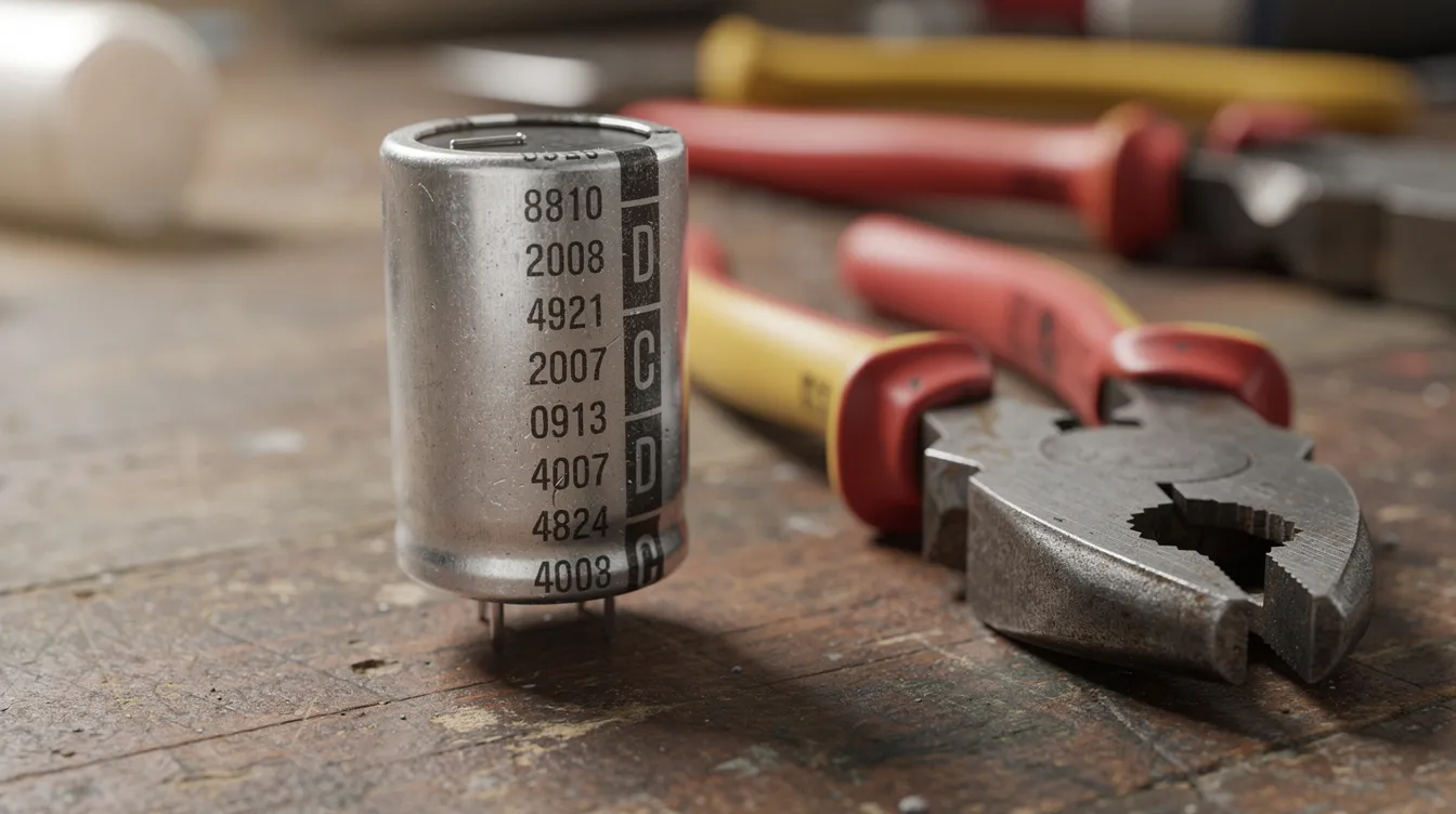 The image shows a close-up of a cylindrical aluminum AC capacitor sitting on a workbench, accompanied by a pair of insulated pliers. This electrical component is essential for the proper functioning of an AC unit, and its condition can significantly affect the cooling performance of air conditioners.