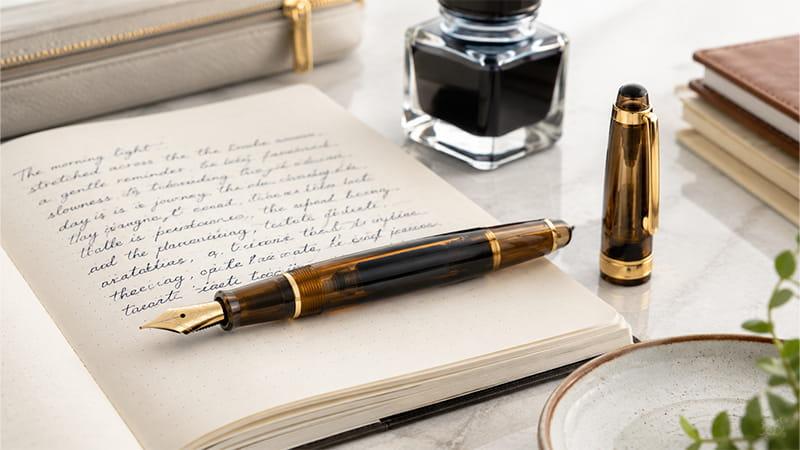 Fountain pen price range comparison showing a premium pen, ink bottle, and notebook writing setup