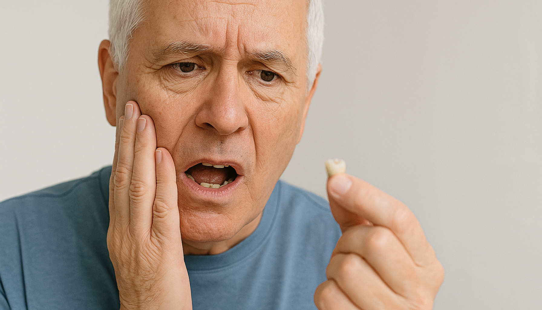 En eldre mann ser bekymret på en tannkrone han holder i hånden, mens han holder seg til kinnet.