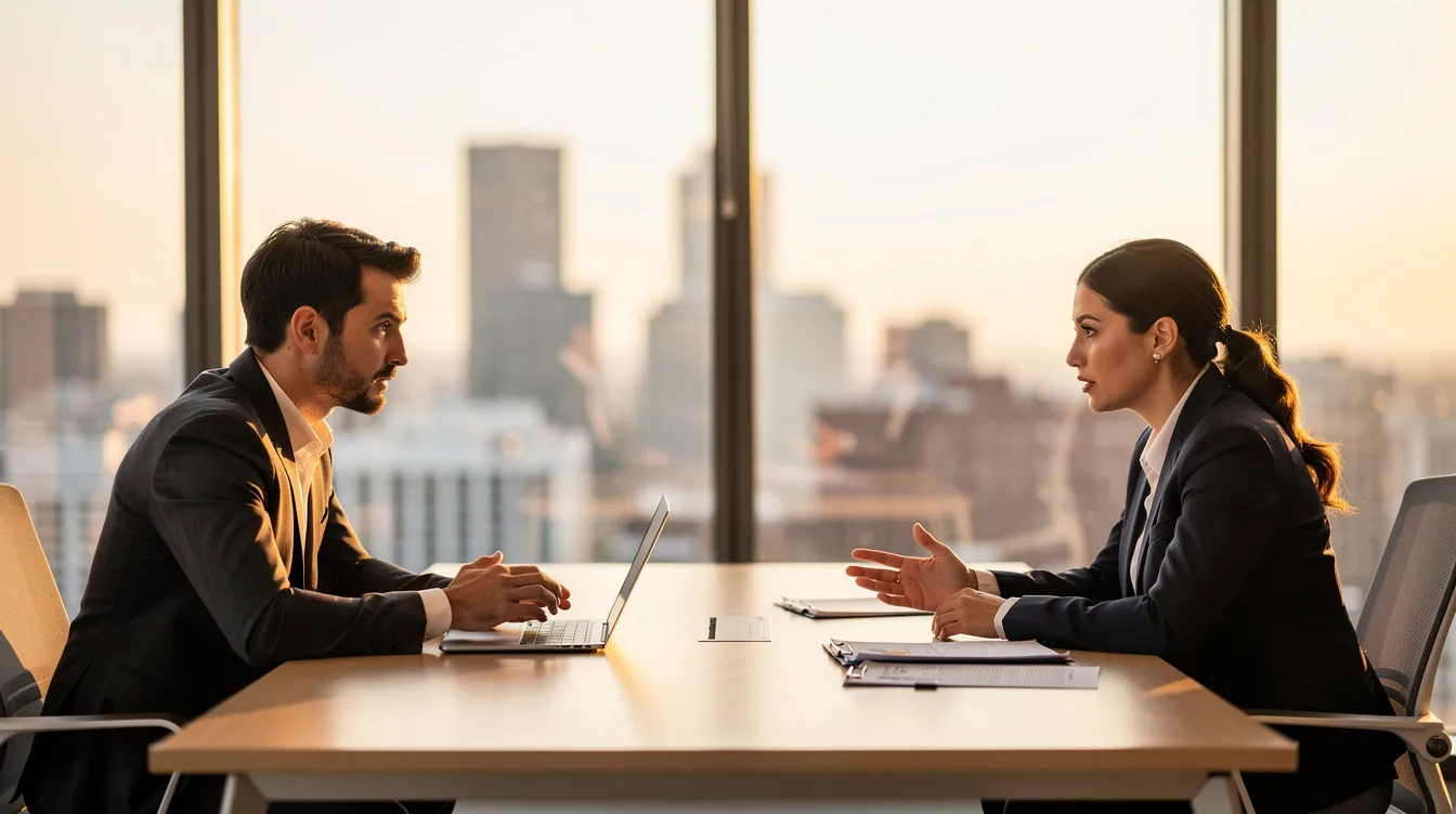 The image depicts two professionals engaged in a focused conversation across a desk in a modern office, illuminated by warm lighting. This setting suggests a discussion about important matters such as estate planning and the management of assets for families, possibly including provisions for minor children.
