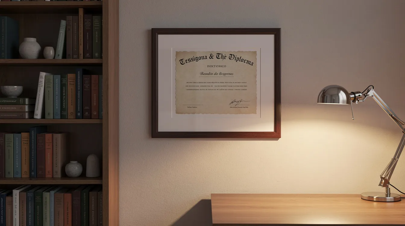 The image shows a framed diploma hanging on the wall of a home office, accompanied by bookshelves filled with books and a desk lamp illuminating the space. This diploma could represent legitimate education, but it's important to be cautious of fake diplomas and false academic credentials in the job market.