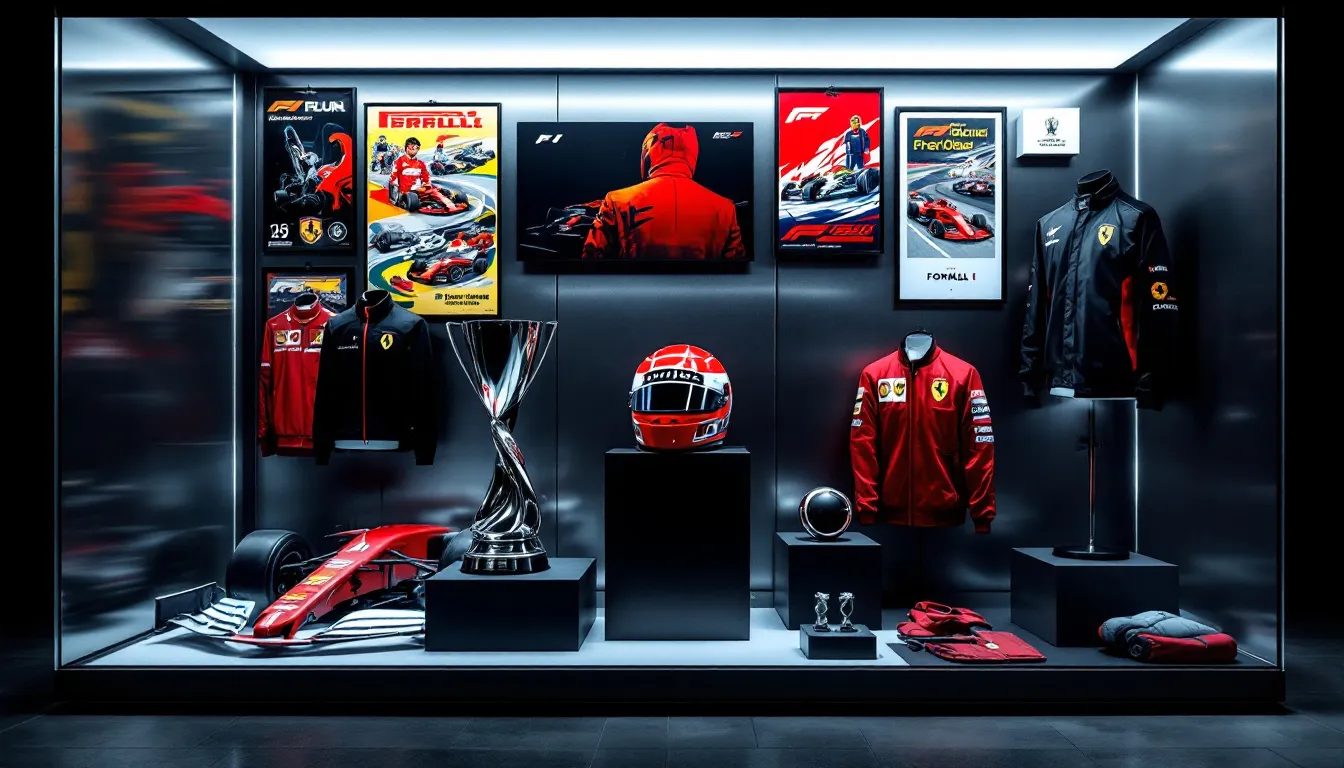 A collection of F1 merchandise and memorabilia on display.