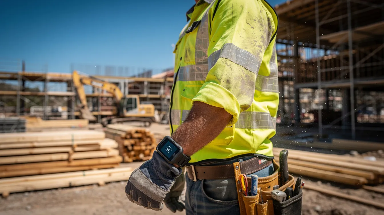 A construction worker stands on a sunny job site, wearing a high-visibility vest and a wrist-mounted wearable safety device designed to enhance workplace safety. This personal protective equipment reflects the importance of construction safety management and compliance with safety regulations to minimize risks and ensure the well-being of workers on construction projects.
