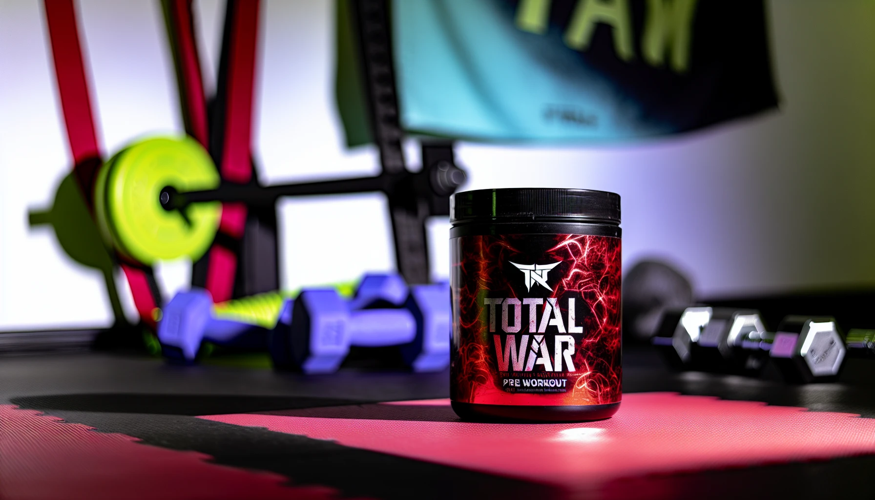 Total War Pre Workout container with energetic background