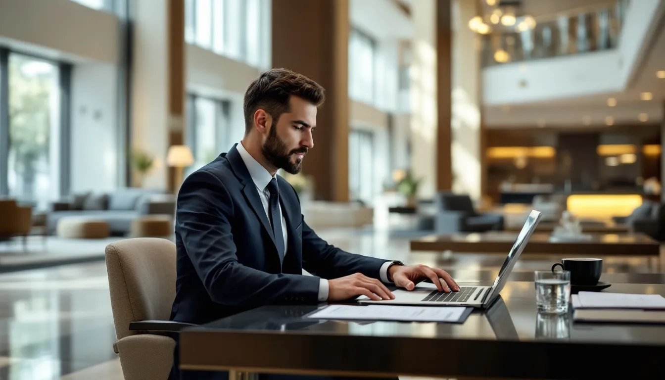 In a modern hotel lobby, a hotel manager is focused on reviewing financial reports on a laptop, analyzing key metrics such as gross operating profit and current period revenue to assess the hotel's financial performance. The manager is likely calculating flow through to understand the impact of revenue streams from both the rooms department and food and beverage sales.