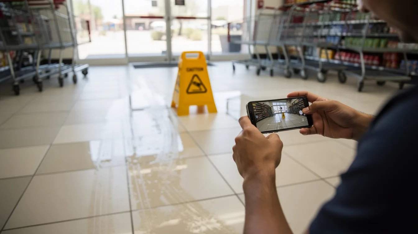 The image depicts a modern grocery store entrance in Phoenix, showcasing a wet tile floor with visible water streaks and shoe tracks, suggesting a slip and fall hazard. A person is partially visible, holding a smartphone to document the scene, while a yellow caution sign is placed slightly off to the side, indicating the potential risk of a slip and fall accident.