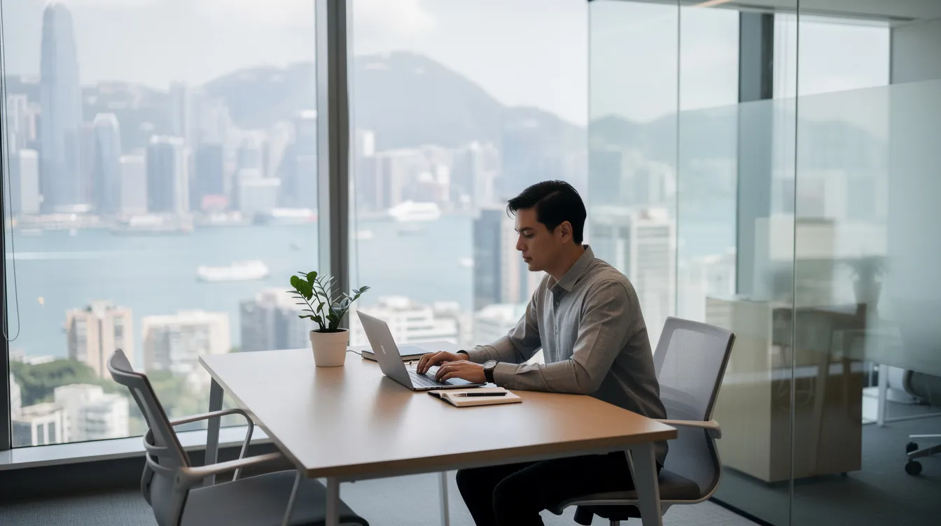 The image depicts a professional person focused on their work at a modern desk, using a laptop in a sleek Hong Kong office environment. This setting is ideal for 公務員 and 專業人士 seeking information on low interest loans and financial services.