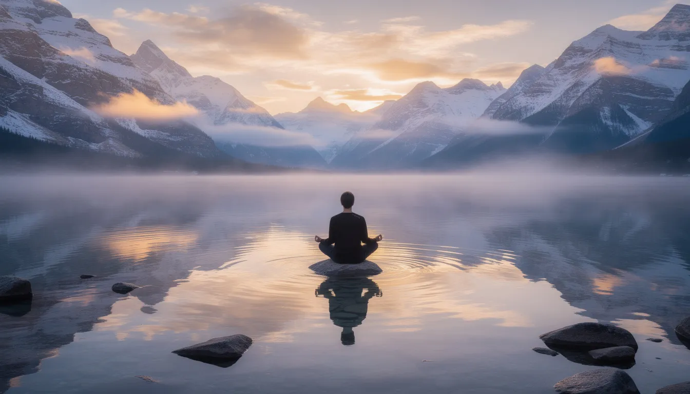 A person is meditating in a pristine mountain lake, surrounded by majestic snow-capped peaks, as the sun rises, casting a warm glow over the icy water. This scene highlights the health benefits of cold water immersion, promoting mental health and enhancing recovery through cold exposure.
