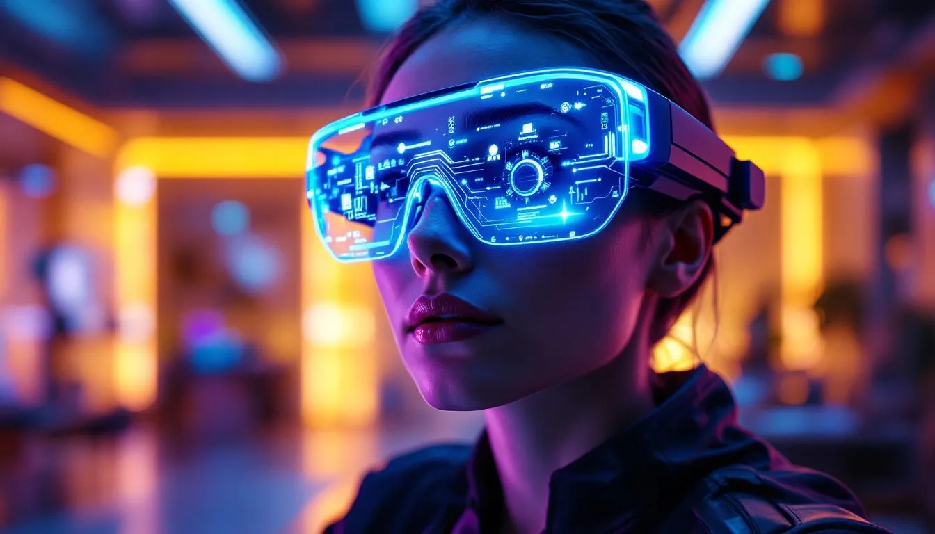 A depiction of AI-powered smart glasses enhancing productivity.