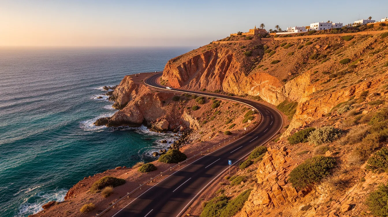 Route côtière le long de falaises avec vue sur la Méditerranée dans le nord du Maroc.