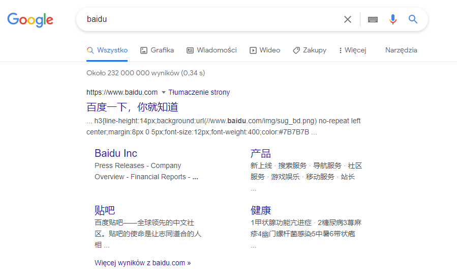 Indeksowanie Baidu w Google
