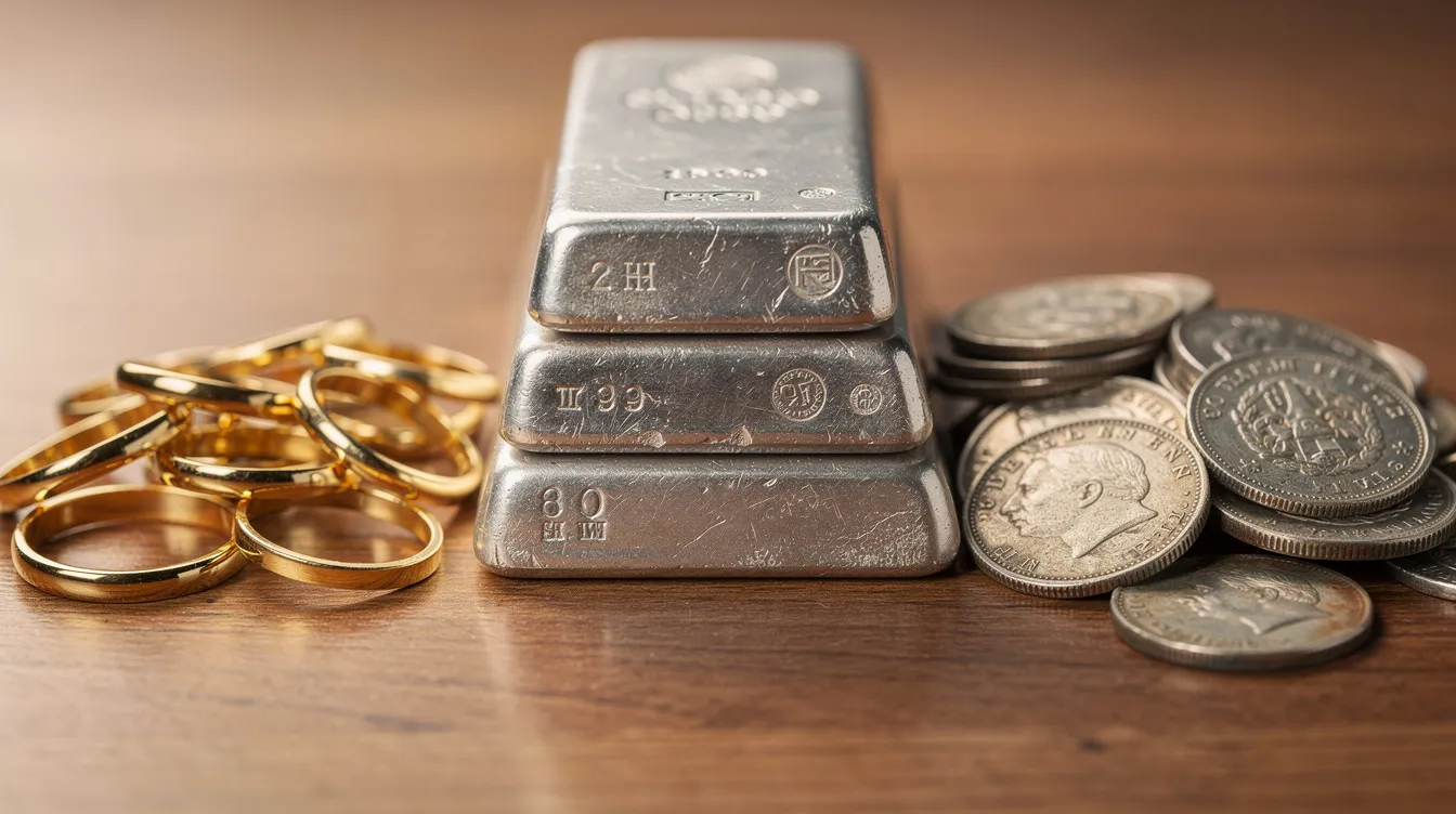 Gold rings, silver bars, and old silver coins arranged on a table.