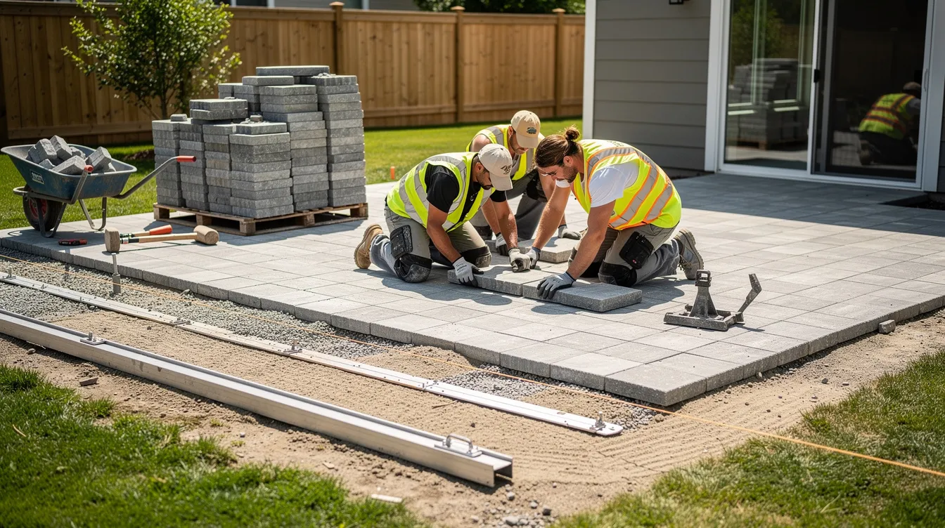 Two landscaping professionals are carefully installing stone pavers on a prepared patio base, transforming the outdoor space into a stylish hardscape element. The workers focus on achieving a balanced layout that complements the overall landscape design.