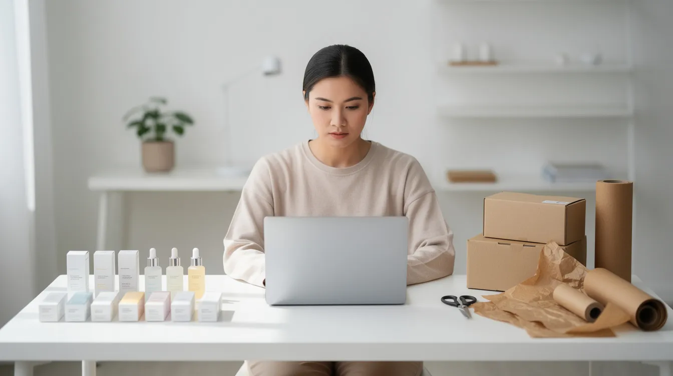 The image shows a person focused on their laptop at a minimalist desk, surrounded by product samples and packaging materials, illustrating the workspace of someone running a successful Shopify store. This setup reflects the essentials of managing an online business, emphasizing brand identity and product presentation.