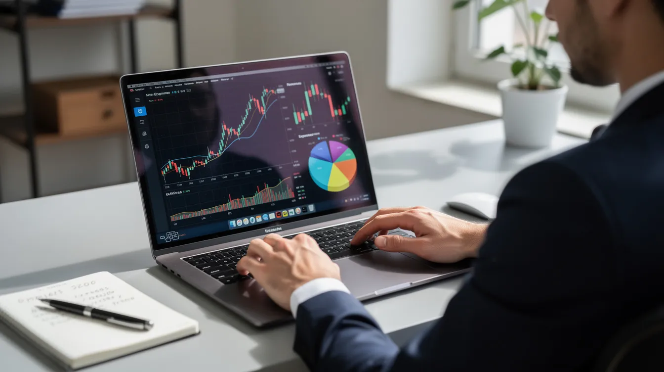 A person is seated at a desk, intently reviewing financial charts and graphs displayed on their laptop screen, which likely includes calculations related to debt service coverage ratio and net operating income. The scene suggests they are analyzing their annual debt obligations and cash flow to make informed decisions about loan payments and investment strategies.