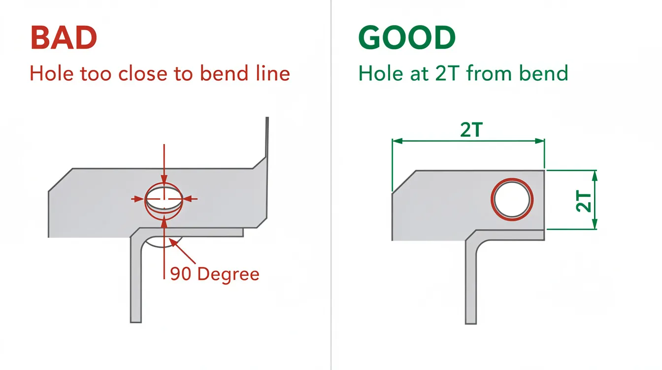 The image illustrates a technical design for DFM, contrasting a "BAD" design in red, which shows a distorted hole due to its proximity to a bend line in a 316L stainless steel part, with a "GOOD" design in green, where the hole is perfectly circular and maintains a 2T distance from the bend. Clear labels enhance understanding of the precision machining principles applied in this illustration.